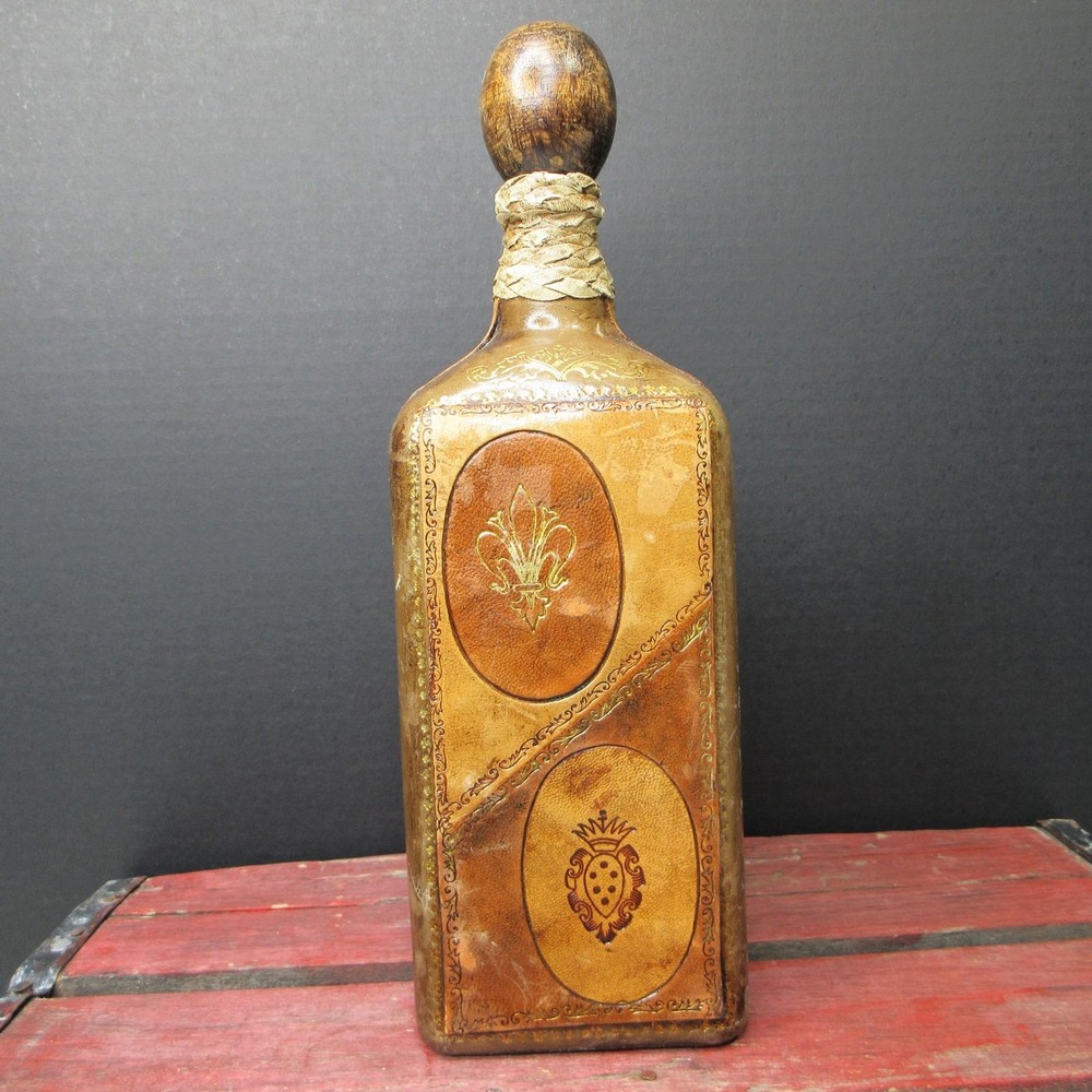 Vintage MCM Italian Leather Wrapped Decanter Bottle Wood Stopper Fleur De Lis